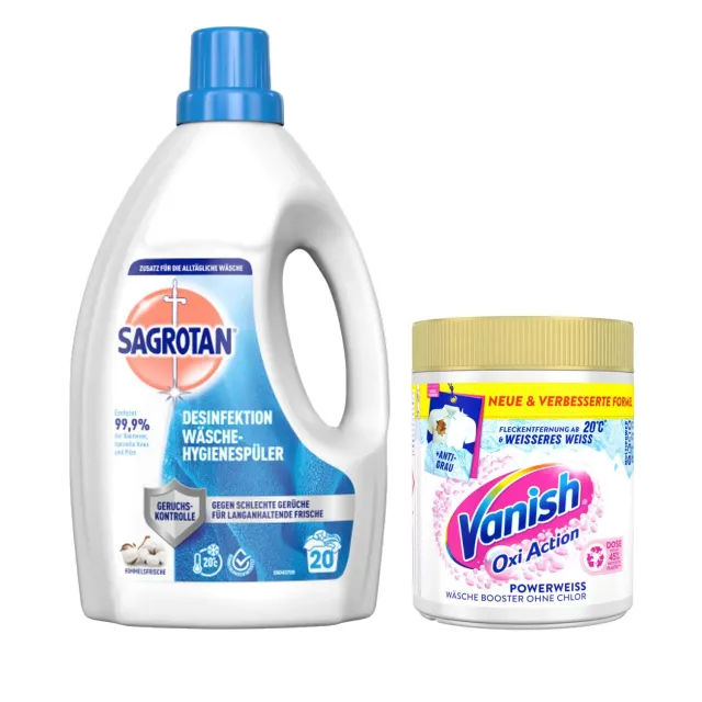 Sagrotan Hygienespüler 1,5L + Vanish Powerweiss 550g Set frisch
