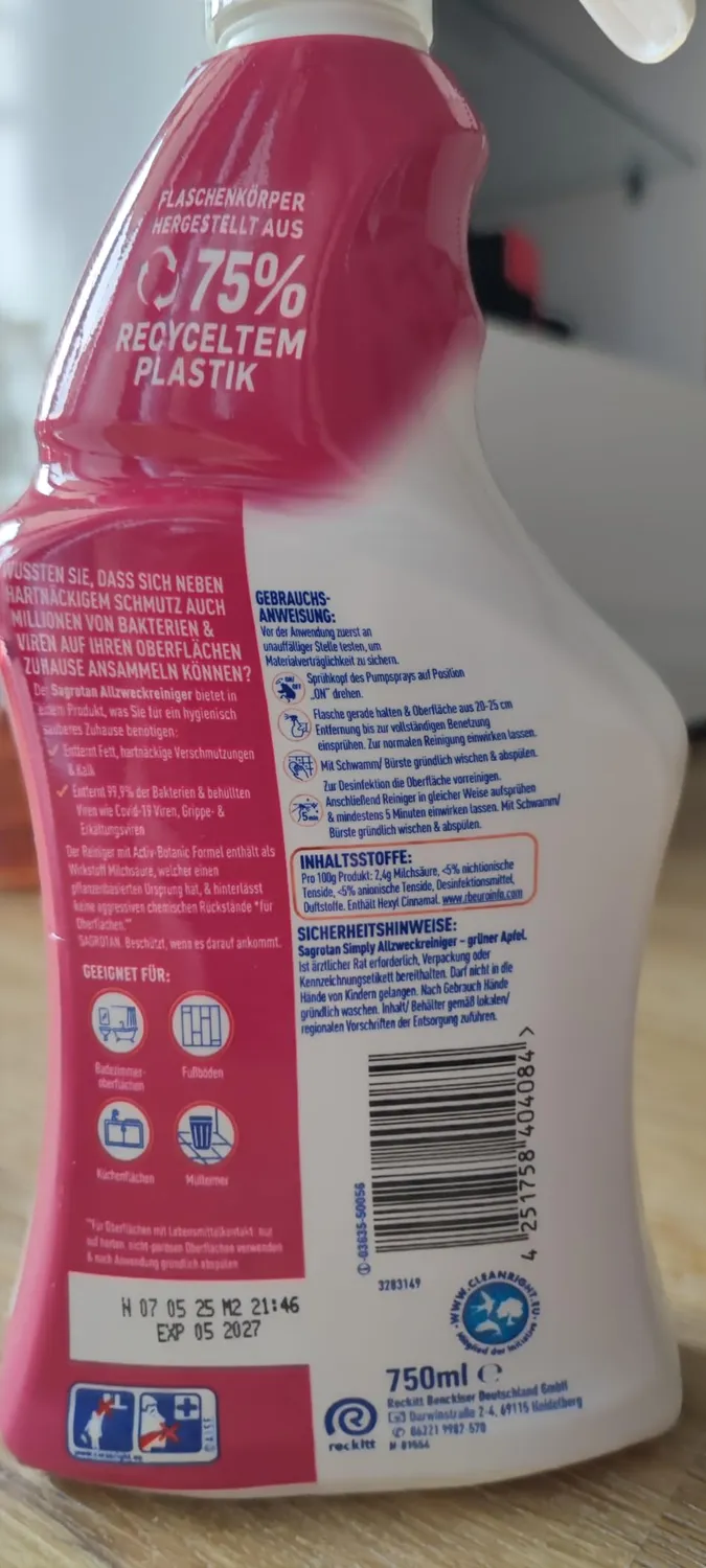 Sagrotan 2in1 Allzweck-Reiniger Spray 6x750 ml Apfel-Blüte