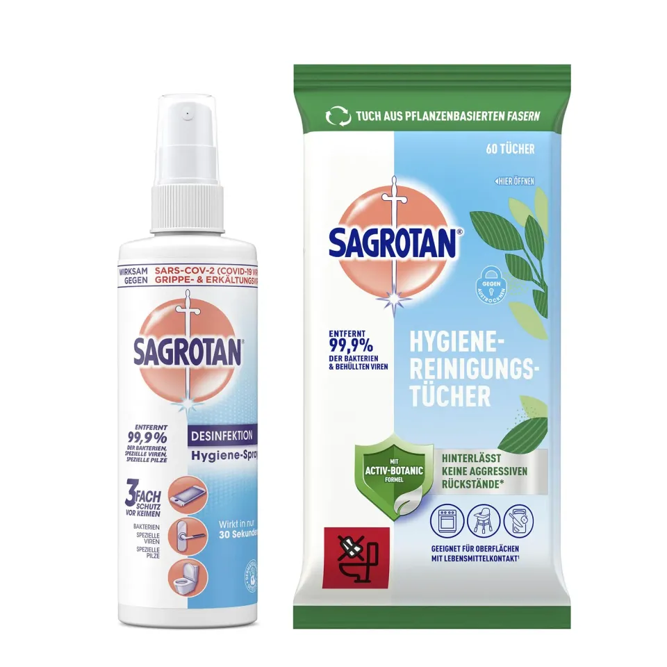 Sagrotan Hygiene-Spray 250ml + Tücher 60 Stück ohne Bleiche