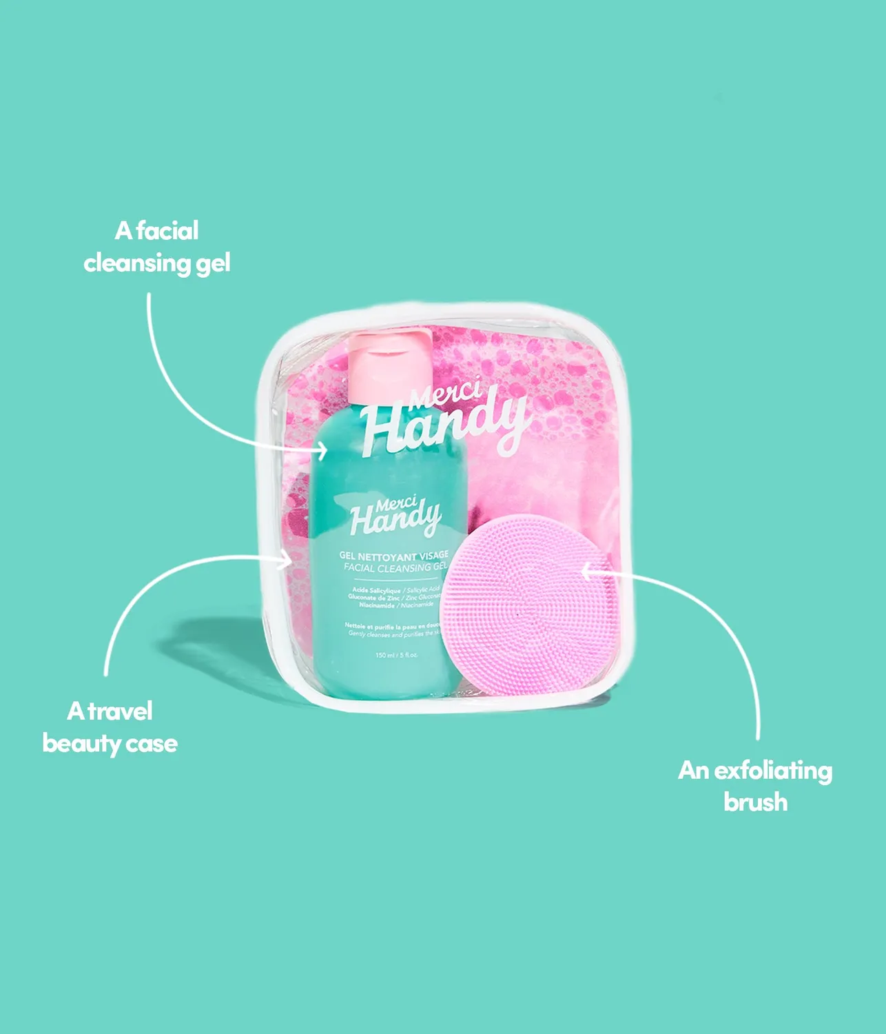 Merci Handy Gesicht Reinigungsset Gel 150ml Bürste Tasche