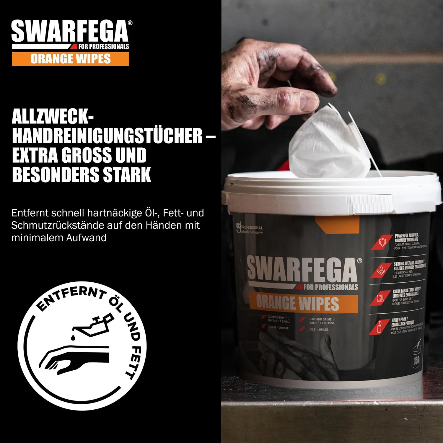 Swarfega Orange Handreinigungstücher 150 Stück ohne Wasser