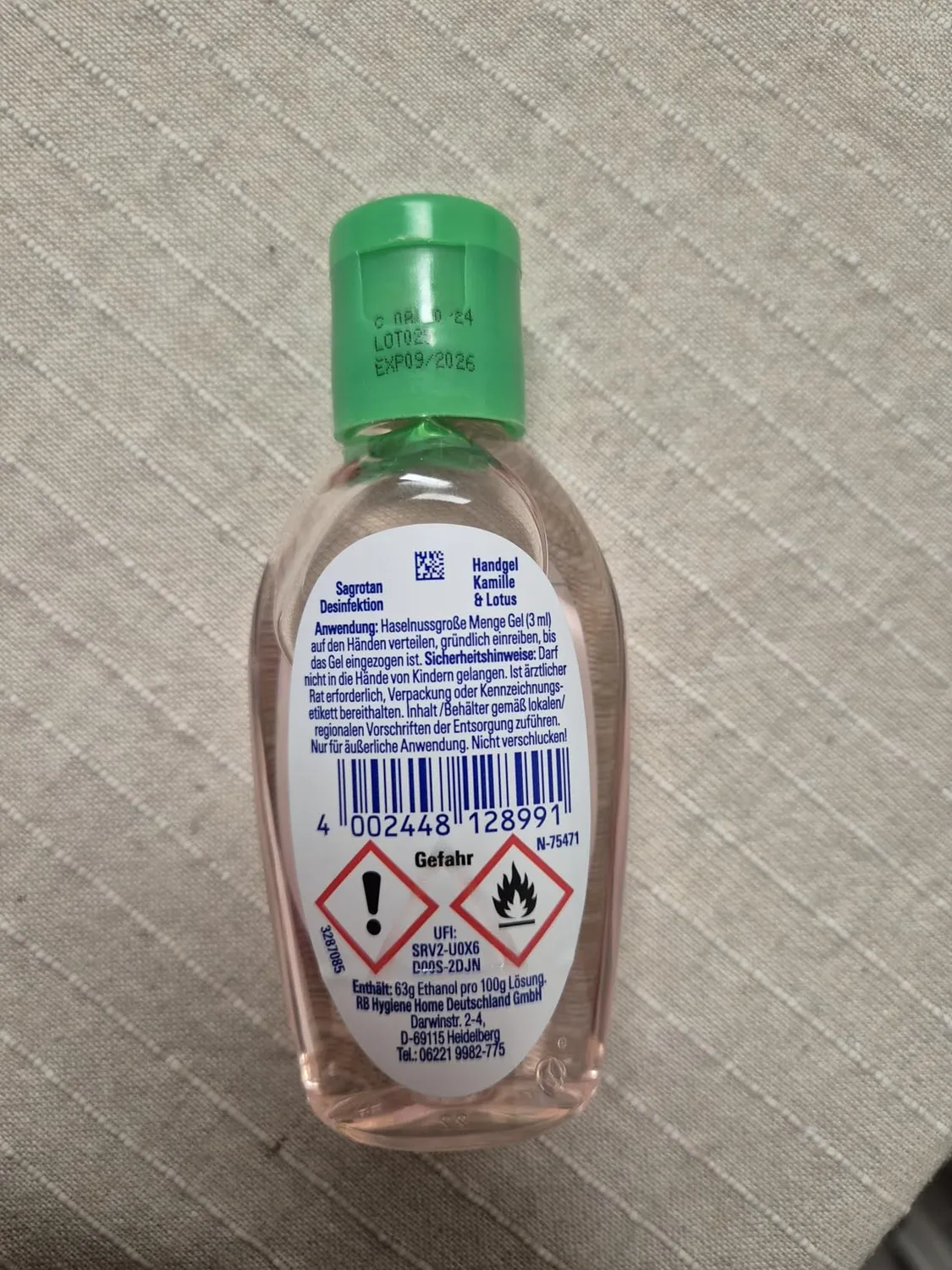 Sagrotan Hand-Desinfektionsgel Kamille Lotus 50 ml Reisegröße